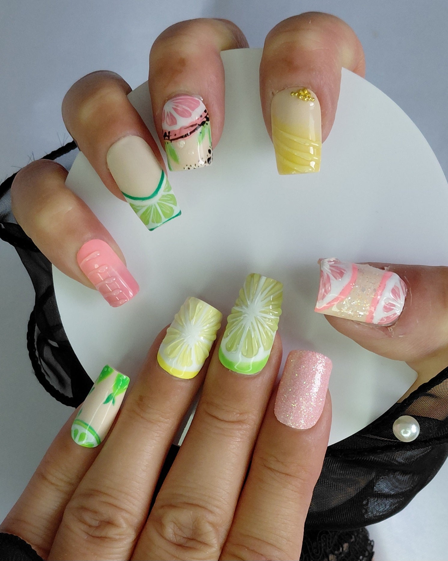 Zesty Fruit Cocktail Press on Nails Bundle | 3 Sets Zitronen Limetten Grapefruit Nägel | 3D Frucht Kunstnägel Handgemacht Sparset