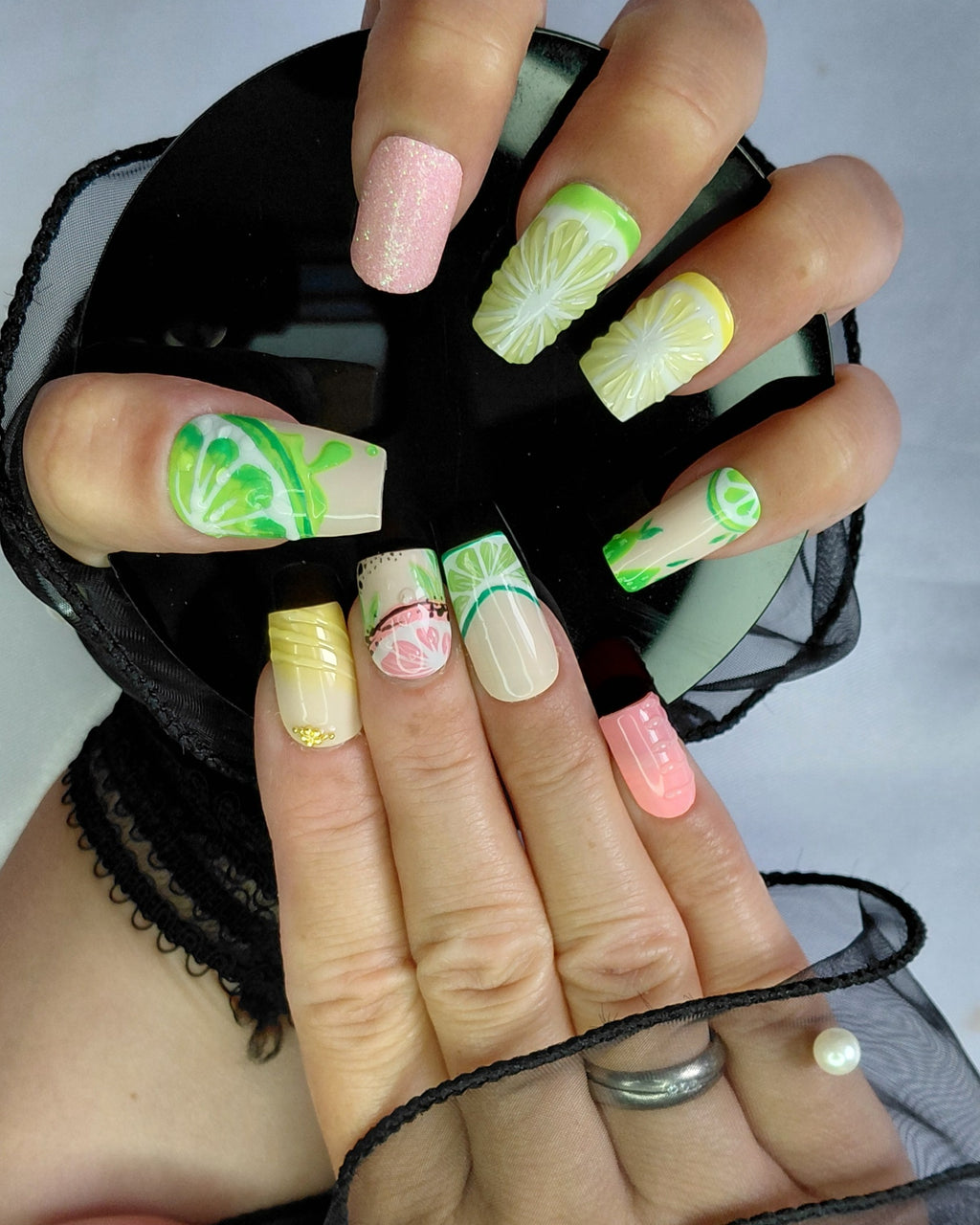 Zesty Fruit Cocktail Press on Nails Bundle | 3 Sets Zitronen Limetten Grapefruit Nägel | 3D Frucht Kunstnägel Handgemacht Sparset