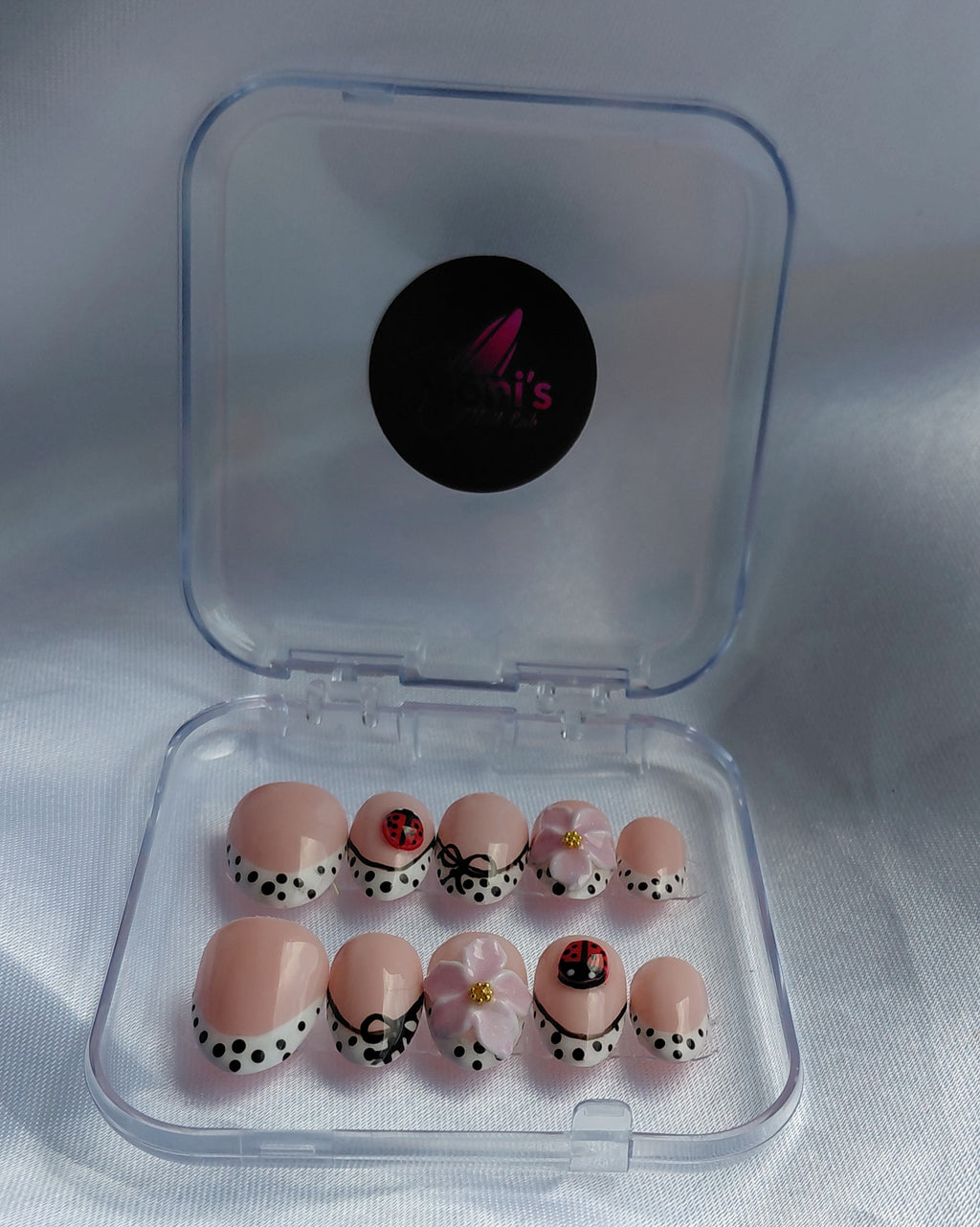Sweet Ladybug Press on Nails | Marienkäfer Nägel Rosa | 3D Blumen Kunstnägel Handgemacht | Polka Dot French Wiederverwendbar Custom