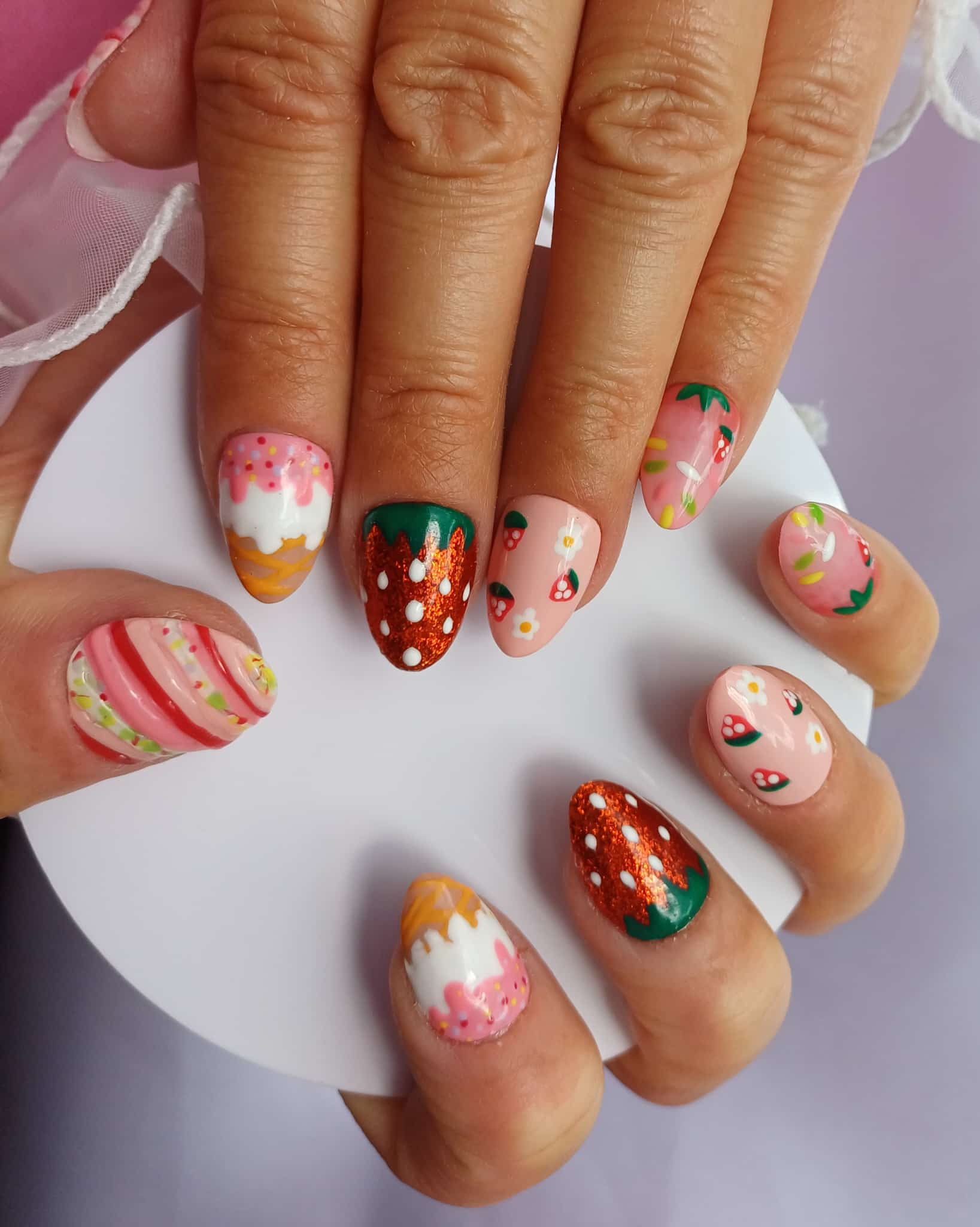 Strawberry Sorbet Press on Nails | Erdbeere Nägel Rosa | Süße Sommer Kunstnägel Handgemacht | Luxus Eis Nägel Wiederverwendbar Custom