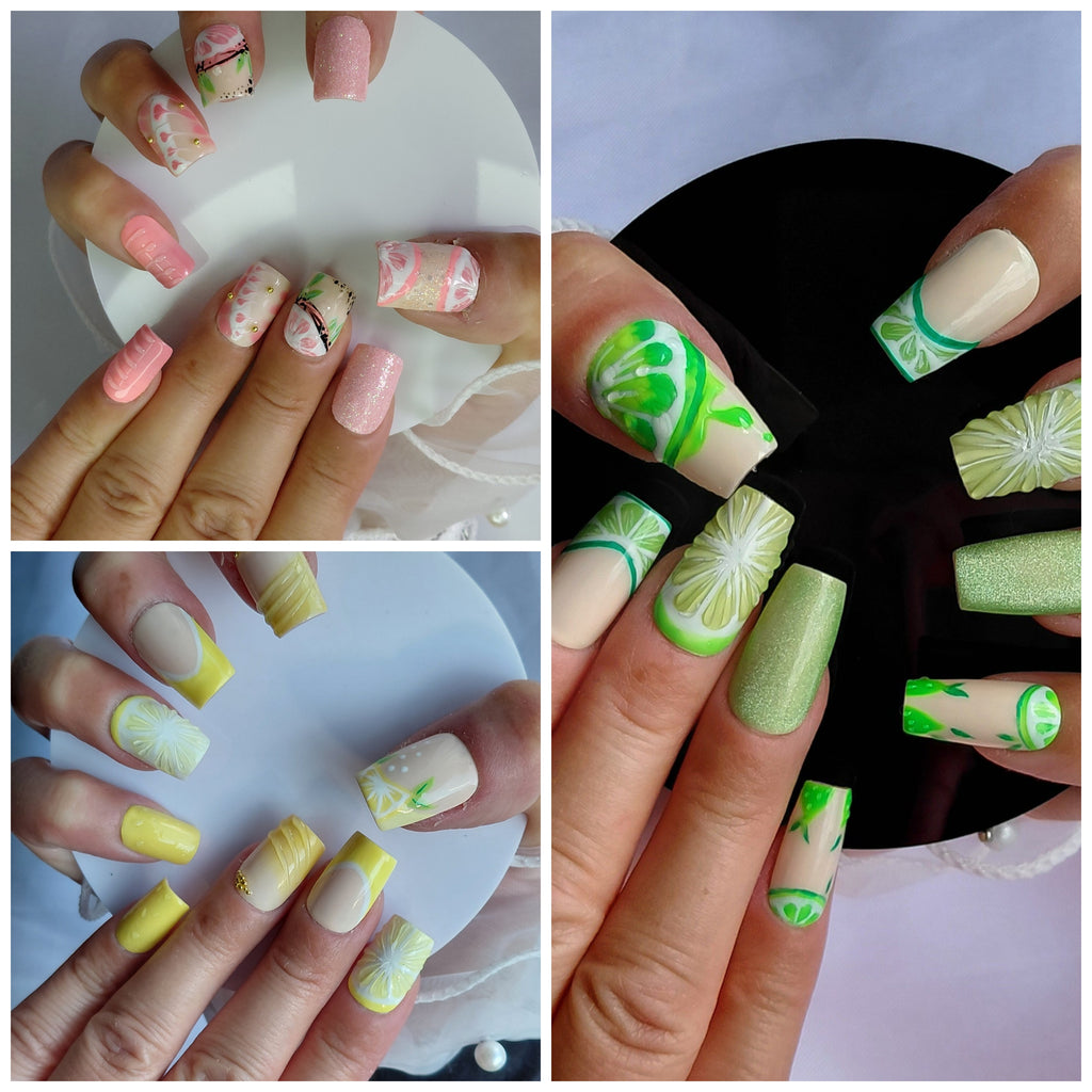 Zesty Fruit Cocktail Press on Nails Bundle | 3 Sets Zitronen Limetten Grapefruit Nägel | 3D Frucht Kunstnägel Handgemacht Sparset